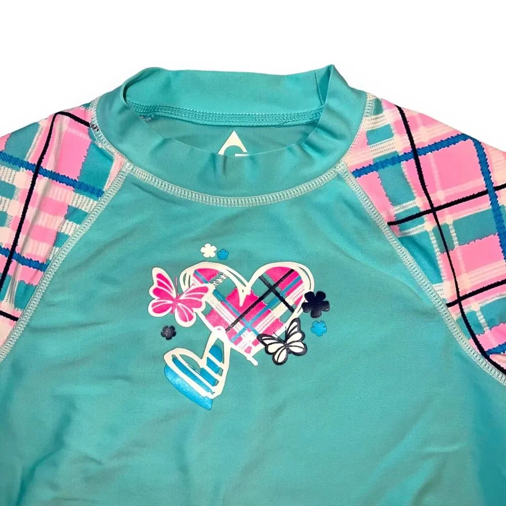 Gerry Girls Rash Guard Swim Top Short Sleeve Plaid Heart Butterfly Pattern Sz 8